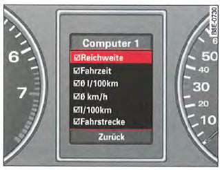 Écran : sélection du menu Computer 1 (Ordinateur 1), Reichweite (Autonomie)